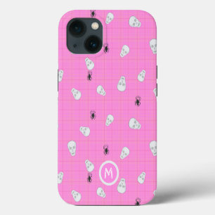 Girly pink Skulls & Spiders pink Halloween tartan iPhone 13 Case