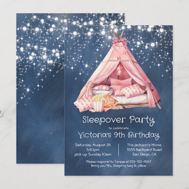 Girly Pink Sleepover Glamping Tent Birthday Invitation (Front/Back)