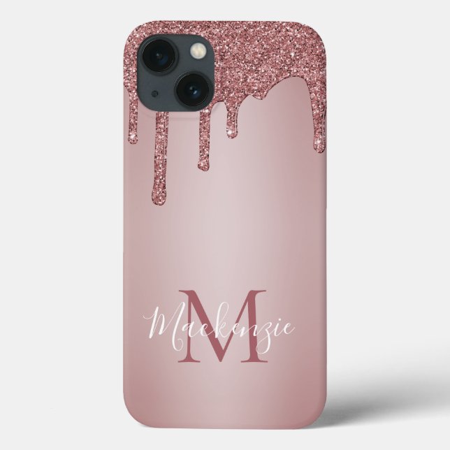 Girly Pink Sparkle Glitter Drips Monogram Case-Mate iPhone Case (Back)