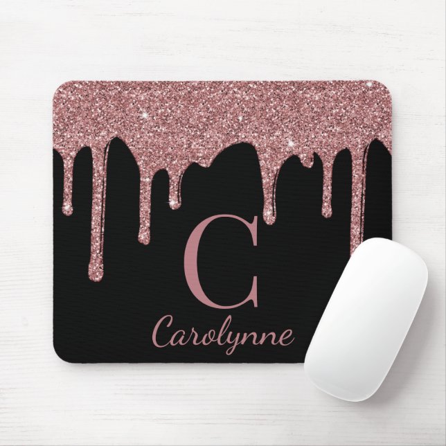 Girly Pink Sparkle Glitter Drips Monogram on Black Mouse Mat (With Mouse)