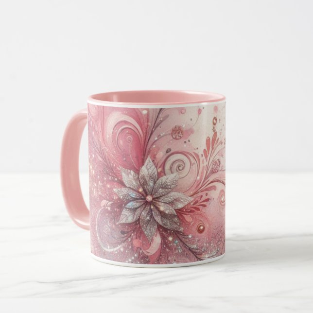 Girly Pink Sparkle Glitter Flower Mug (Front Left)