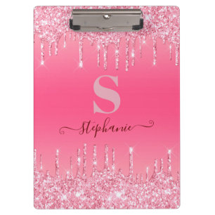 Girly Pink Sparkle Glitter Monogram Clipboard