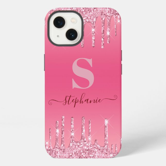 Girly Pink Sparkle Glitter Monogram iPhone Case (Back)