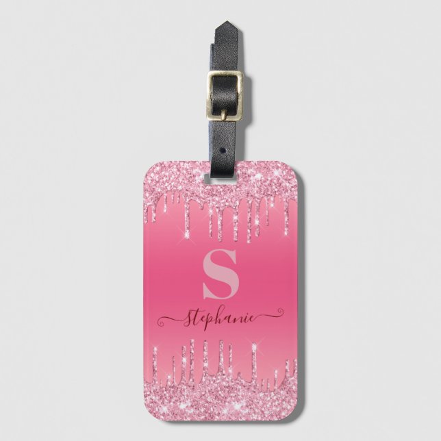 Girly Pink Sparkle Glitter Monogram Luggage Tag (Front Vertical)