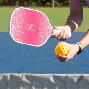 Girly Pink Sparkle Glitter Monogram Pickleball Paddle