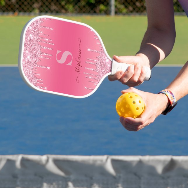 Girly Pink Sparkle Glitter Monogram Pickleball Paddle (Insitu)