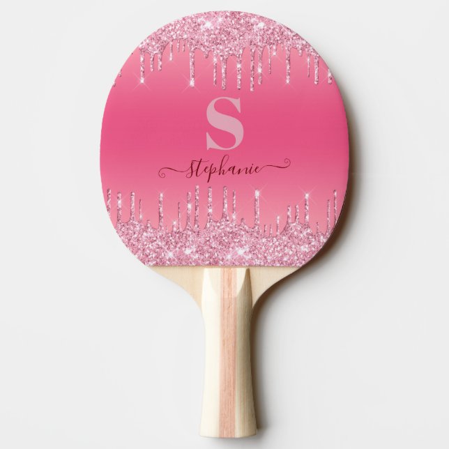 Girly Pink Sparkle Glitter Monogram Ping Pong Padd Paddle (Back)