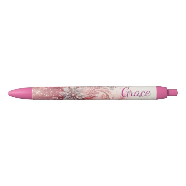 Girly Pink Sparkle Office School Writing  Black Ink Pen (Front)