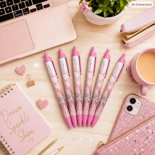 Girly Pink Sparkle Office School Writing Black Ink Pen