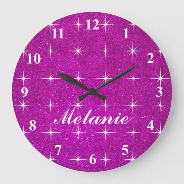 Girly pink sparkly glitter wall clock for girls (Front)