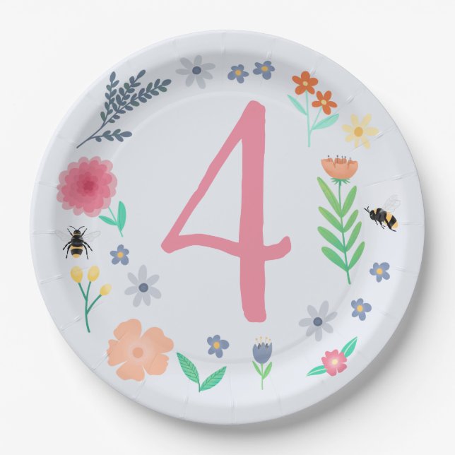 Girly Pink Spring Floral Bee Kids Birthday Paper Plate (Front)