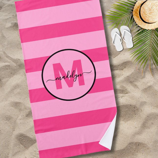Girly Pink Stripe Script Name Monogram Beach Towel (Girly Pink Stripe Script Name Monogram Beach Towel )