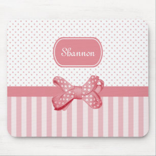Girly Pink Stripes Cute Polka Dot Bow With Name Mouse Mat
