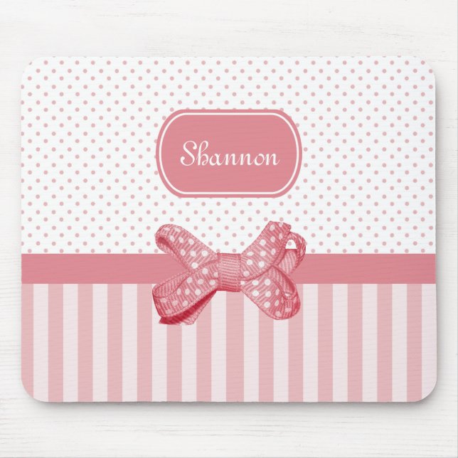 Girly Pink Stripes Cute Polka Dot Bow With Name Mouse Mat (Front)