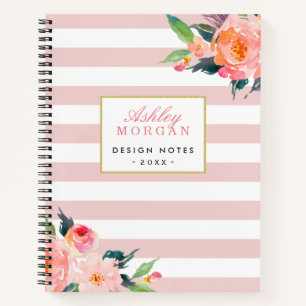 Girly Pink Stripes Floral Gold Personal Notes Notebook