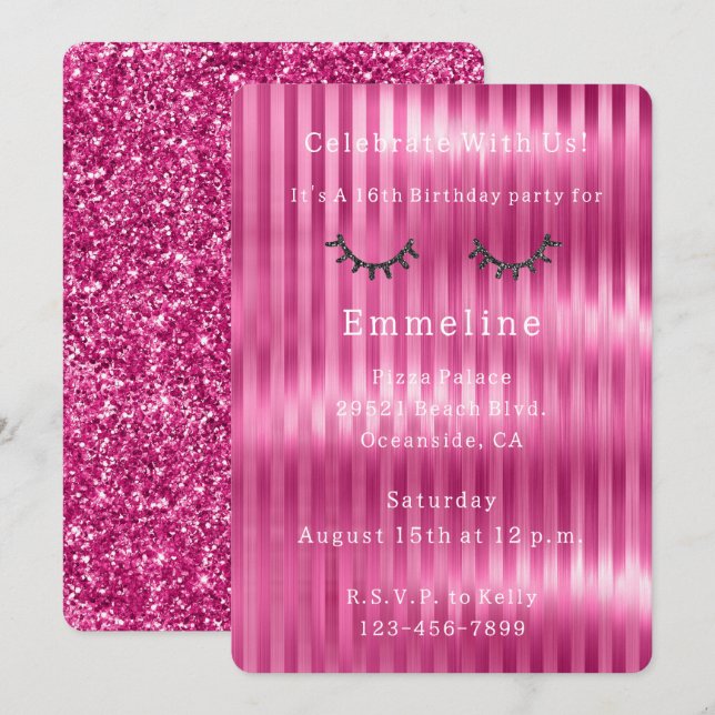 Girly Pink Stripes Glitzy Black Glitter Eyelashes  Invitation (Front/Back)