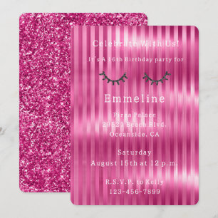 Girly Pink Stripes Glitzy Black Glitter Eyelashes  Invitation