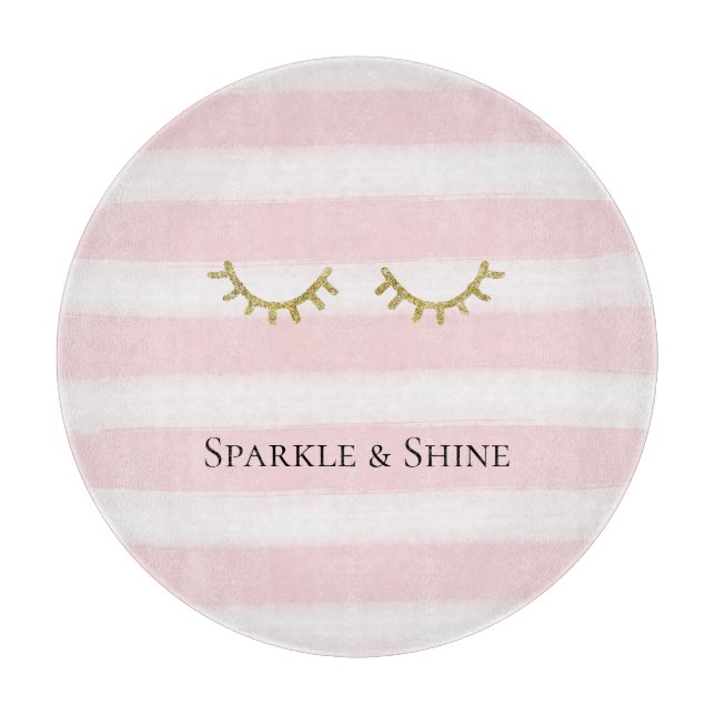 Girly Pink Stripes Gold Glitter Eyelashes  Cutting Board (Front)