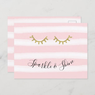 Girly Pink Stripes Gold Glitter Eyelashes  Postcard