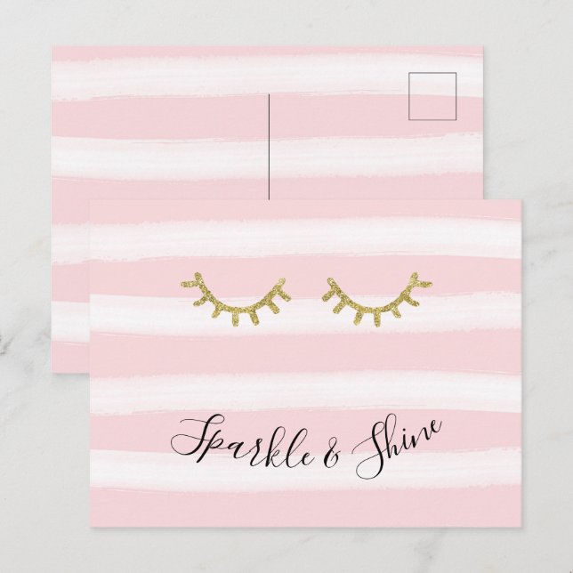 Girly Pink Stripes Gold Glitter Eyelashes  Postcard (Front/Back)