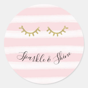 Girly Pink Stripes Gold Glitter Eyelashes Sparkle Classic Round Sticker