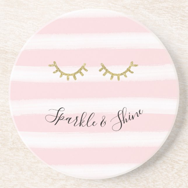 Girly Pink Stripes Gold Glitter Eyelashes Sparkle Coaster (Front)