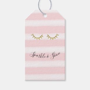 Girly Pink Stripes Gold Glitter Eyelashes Sparkle Gift Tags