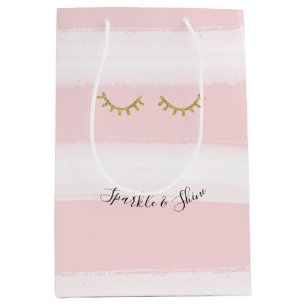 Girly Pink Stripes Gold Glitter Eyelashes Sparkle Medium Gift Bag