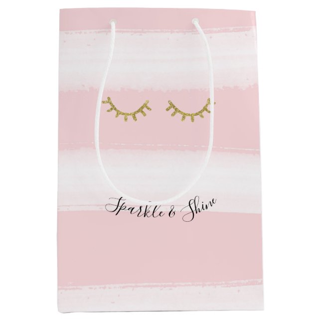 Girly Pink Stripes Gold Glitter Eyelashes Sparkle Medium Gift Bag (Front)