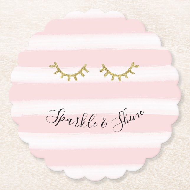 Girly Pink Stripes Gold Glitter Eyelashes Sparkle Paper Coaster (Front)