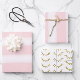 Girly Pink Stripes Gold Glitter Eyelashes Sparkle Wrapping Paper Sheet