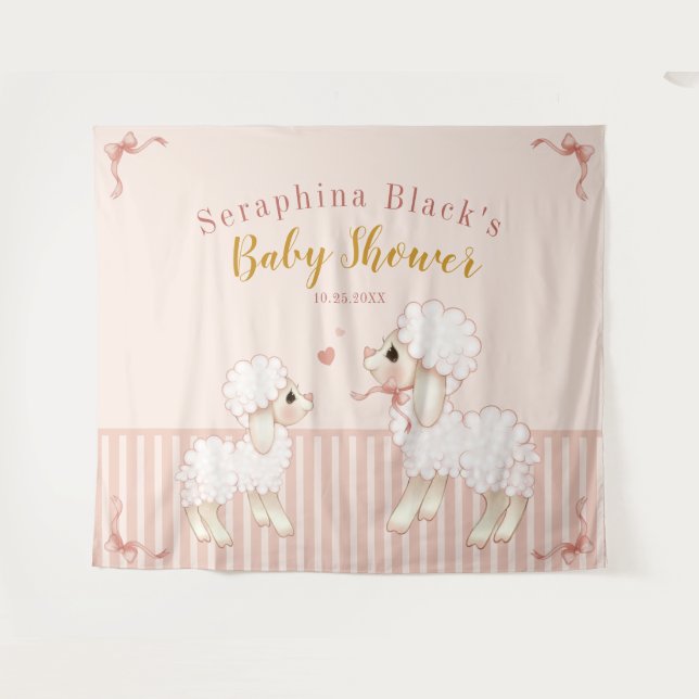 Girly Pink Stripes Lamb Baby Shower Backdrop Tapestry (Front (Horizontal))