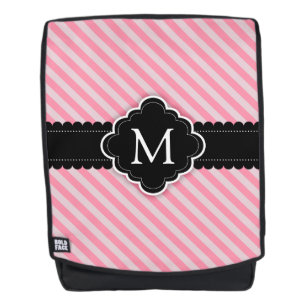 Girly Pink Stripes Pattern Black Custom Monogram Backpack