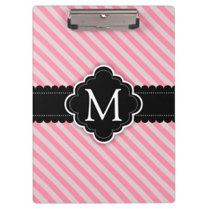 Girly Pink Stripes Pattern Black Custom Monogram Clipboard