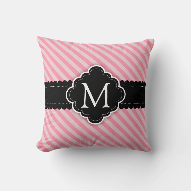 Girly Pink Stripes Pattern Black Custom Monogram Cushion (Front)