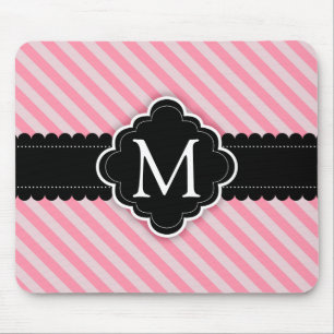 Girly Pink Stripes Pattern Black Custom Monogram Mouse Mat