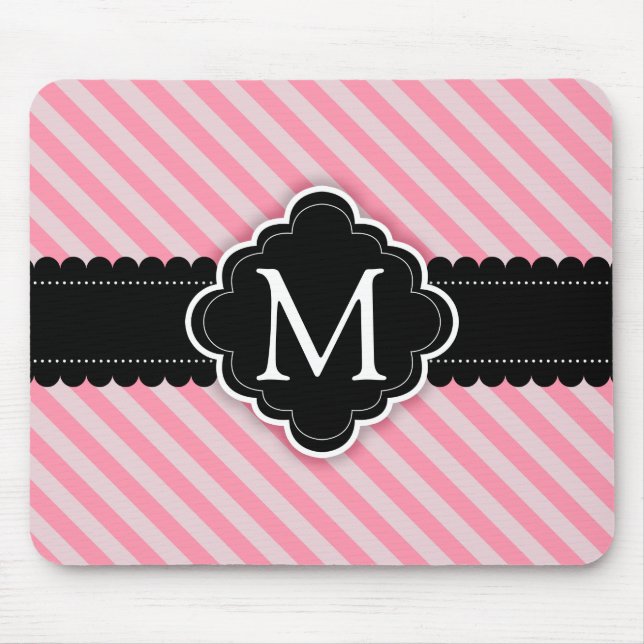 Girly Pink Stripes Pattern Black Custom Monogram Mouse Mat (Front)