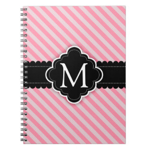 Girly Pink Stripes Pattern Black Custom Monogram Notebook
