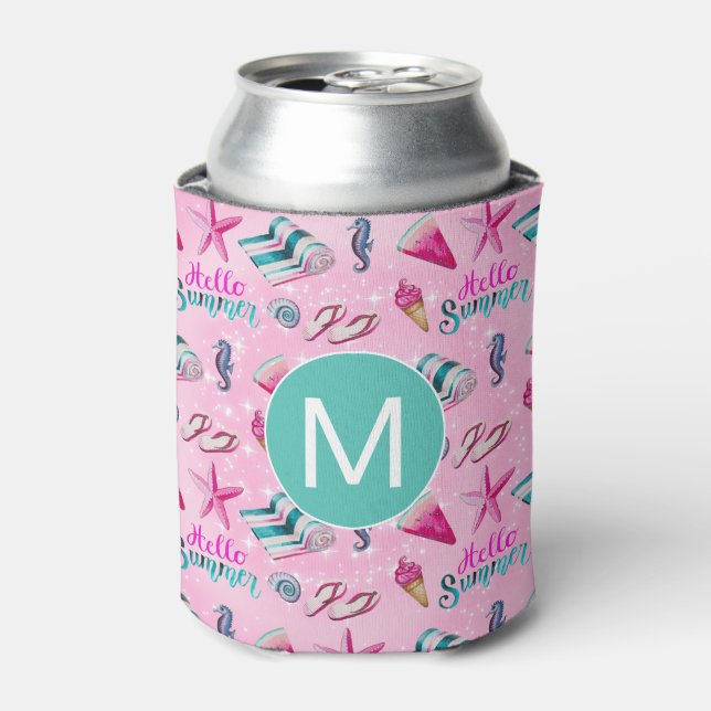 Girly Pink Summer Beach Holiday Pattern Monogram Can Cooler (Can Front)