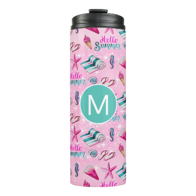 Girly Pink Summer Beach Holiday Pattern Monogram Thermal Tumbler (Front)