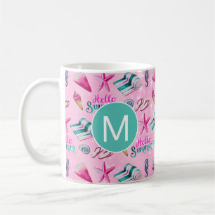 Girly Pink Summer Beach Watercolor Monogram Coffee Mug