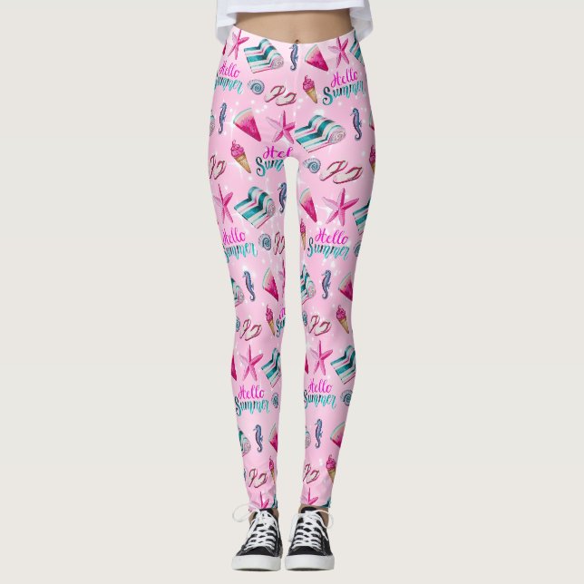 Girly Pink Summer Beach Watercolor Pattern Leggings (Front)