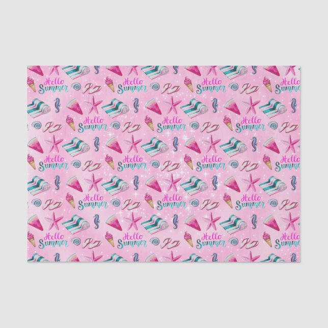 Girly Pink Summer Beach Watercolor Pattern Tissue Paper (Front)