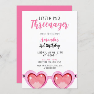 Girly Pink Sunglasses Threenager 3rd Birthday Invitation