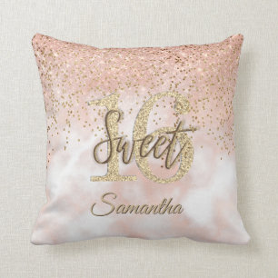 Girly Pink Sweet 16 Birthday Rose Gold Glitter Cushion