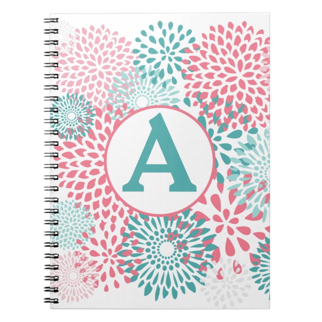 Girly Pink Teal Floral Blossoms with Mongram Notebook (Front)