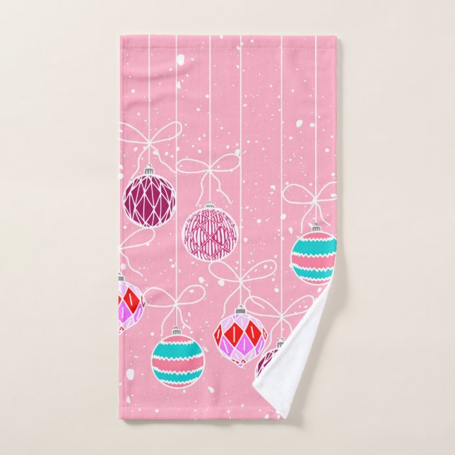 Girly Pink Teal Glam Christmas Ornaments and Snow Hand Towel (Hand Towel)