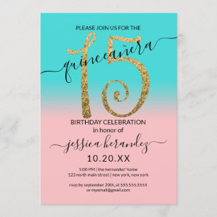 Girly Pink Teal Gold Glitter Ombre Quinceañera Invitation