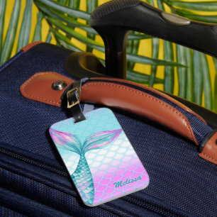 Girly Pink Teal Mermaid Tail Scales Personalised Luggage Tag