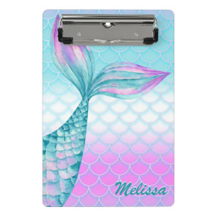 Girly Pink Teal Mermaid Tail Scales Personalised Mini Clipboard